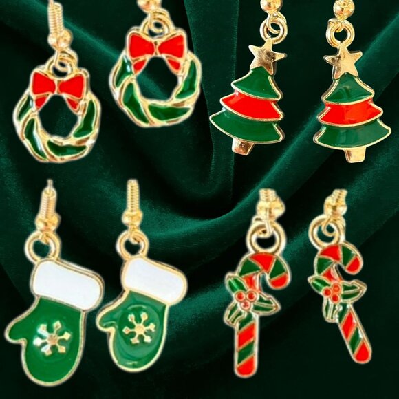 Christmas Earrings Set Gold Tone Red Green Enamel Holiday Jewelry Giftable - Picture 6 of 8